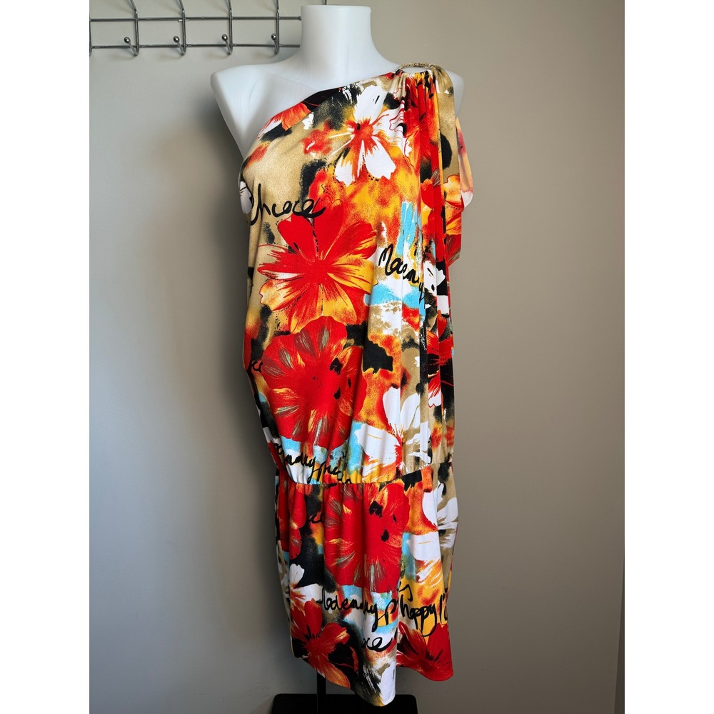 Cache One Shoulder Floral Graphic Shift Dress XL Tropical Boho Multicolor Resort